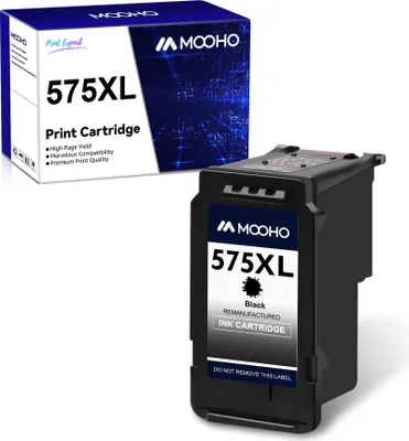 A black ink cartridge and its packaging are displayed against a white background.