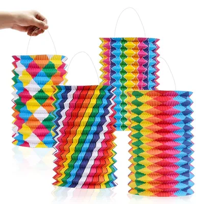 Productafbeelding van Lantaarn met kleurrijke motieven, 4 stuks papieren lampions Ø 16 cm