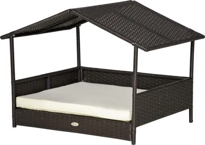 Immagine prodotto di Fortuna Lai Cuccia per cani in rattan con cuscino 98 x 69 x 73 cm Cuccia per cani in formato casa Cuccia per cani da esterno con telaio in acciaio PP marrone caffè