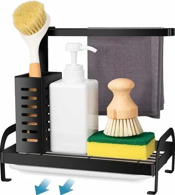 Produktbild von Spülbecken-Organizer, Aufbewahrung unter der Spüle aus schwarzem Edelstahl, perfekt zum Aufbewahren von Schwämmen, Tüchern, Geschirrtüchern und anderem Küchenzubehör (B)