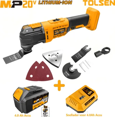 Produktbild von Tolsen 20V Akku-Multitool – Inkl. 1x 4,0 Ah Akku, 1x Schnellladegerät & Zubehör – Maxami