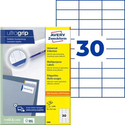 Produktbild von Avery Zweckform 3489, Universal-Etiketten, A4, Qualitätsdruck mit: ultragrip, 70 x 29,7 mm, 3.000 Etiketten / 100 Bögen, weiß