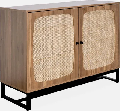 A wooden sideboard with rattan doors on a white background.