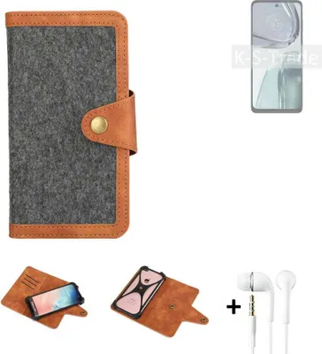 Produktbild von K-S-Trade Handyhülle + Kopfhörer kompatibel mit Motorola Moto G62 5G Schutzhülle Filzhülle Kunstleder dunkelgrau braun (1x)