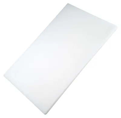 A white plastic cutting board is shown on a white background.