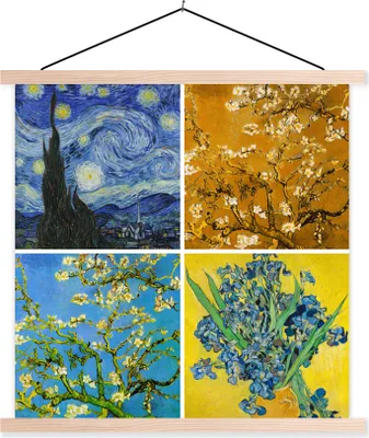 Produktbild von MuchoWow® Textilposter Van Gogh - Sternennacht - Collage 60x60 cm mit holzfarbenen Rahmen - Wanddekoration