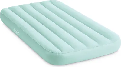 A mint green inflatable mattress, also known as an air mattress or airbed, lies on a white background. The mattress is rectangular with a segmented surface designed for comfort. A logo is visible on the side.