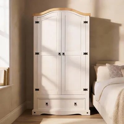 Produktbild von Kleiderschrank CAMPO mit Türen & Schublade weiß/natur lackiert - Schrank gefertigt aus Kiefer Massivholz mit 1 Kleiderstange & 2 Einlegeböden.