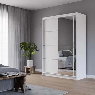 Produktbild von Krudox PRVTA Schwebetürenschrank Weiß mit Spiegel 150 cm Kleiderschrank mit 2 Kleiderstangen