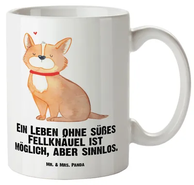 Produktbild von Mr. & Mrs. Panda Jumbo Tasse Hund Glück - Weiß - Geschenk, Corgie, jumbotasse, steingut, Keramiktasse, Sprüche, Haferl, glücklich, Spruch, großer kaffeepott, Pott, Herz