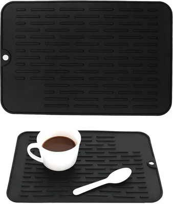 Produktbild von Unyqoos® Schwarze Silikon-Abtropfmatte 30 x 20 cm, lebensmittelecht, hitze- und rutschfest mit Ablaufrillen – spülmaschinenfest für Küche & Bad