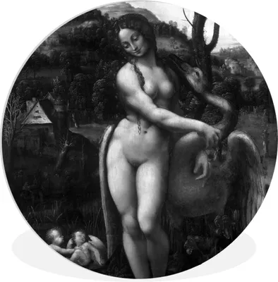 Produktbild von MuchoWow® Rundes Wandbild - Runde Bilder Leda und der Schwan - Leonardo da Vinci - schwarz und weiß Ø 90 cm Kreis Wanddekoration Kunststoff - Wandkreis - Wandschmuck - Wand-Kreis - Wohnzimmer - Bild - Runde - Wanddeko - Dibond - Kunstdrucke