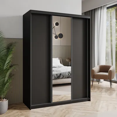 Produktbild von Masseno Schiebetürenschrank TAVI 150/205/60 cm Kleiderschrank mit Schubladen Schlafzimmer Schrank 3-türig mit Spiegel Schwarz + Schwarz