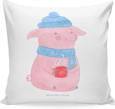 Produktbild von Mr. & Mrs. Panda kuschelkissen 40x40 Schwein Glühwein - Weiß - Geschenk, Wintermotiv, kissen bedruckt, flauschkissen, Glühschwein, Weihnachtsmarkt, Punsch, für sofa