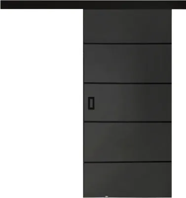 A dark gray sliding door with horizontal lines and a small rectangular handle is shown against a white background.