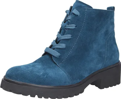 A single blue suede boot with black laces and a black sole is shown against a white background.