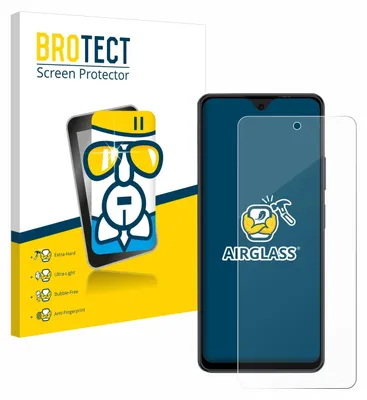 A product packaging box for a screen protector is shown next to a smartphone with a screen protector applied.