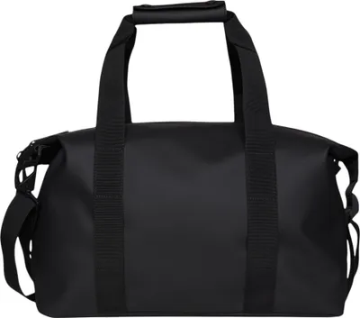 A black duffel bag is shown against a white background.