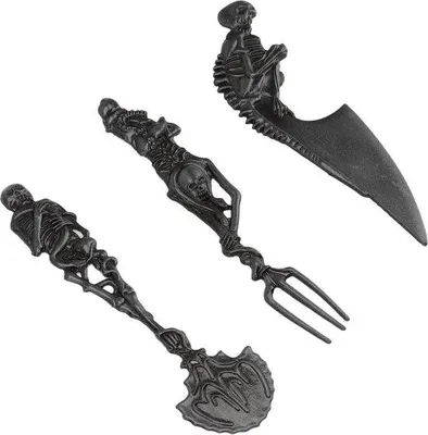 Immagine prodotto di Set scheletri di Halloween - Design creativo del teschio - Teschi in metallo - Set da tavola per la cena di Halloween - Accessori di Halloween - Nero.