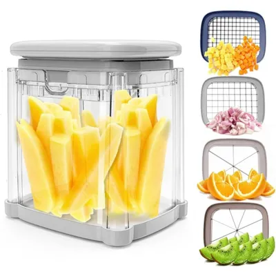 Produktbild von Pommes Frittierschneider 4 in 1 Kartoffelschneider für Pommes Zwiebelwürfler Lebensmittelzerkleinerer & Apfelschneider Manueller Hand-Gemüseschneider
