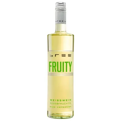 A bottle of Bree Fruity white wine against a white background.