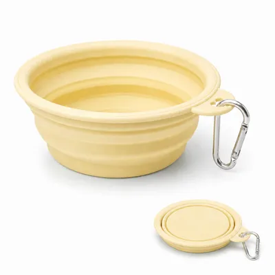 Obrázok produktu pre Skladacia silikónová miska pre psov s karabínou, 0,65 l, žltá, Obrázok generovaný UI