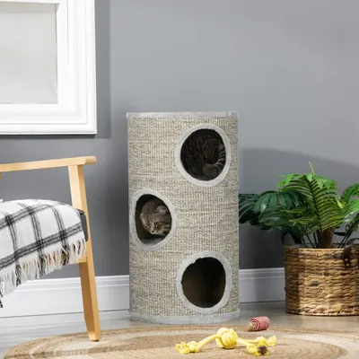 Produktbild von Kratztonne Katze 3 Ebenen, Kratzturm Katzentonne, Sisal Plüsch Spanplatte, Grau | 38 x 38 x 70 cm | bis 5 kg | 3 Höhlen