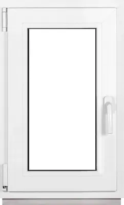 A white window frame with a clear glass pane, shown against a white background.