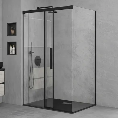 Produktbild von Mai & Mai Duschkabine 90x150cm Schiebetür 6mm ESG-Sicherheitsglas Duschabtrennung Seitenanstieg inkl. Soft-Close-Mechanismus Ravenna12K Schwarz