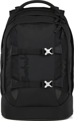 A black backpack is shown against a white background.