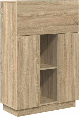 A close-up view of a wooden cabinet with two doors and an open shelf in the middle.