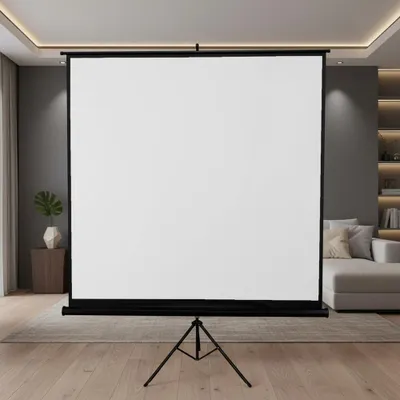 A white projector screen on a tripod stand in a living room setting.