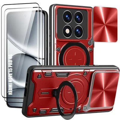 Image de Coque + 2 Verres Trempés pour Xiaomi Redmi Note 15 Pro 4G, avec Anneau et Protection Caméra - Rouge