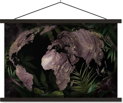 Produktbild von MuchoWow® Textilposter Weltkarte - Lila - Gold 90x60 cm mit schwarzem Rahmen - Aufhängungssatz