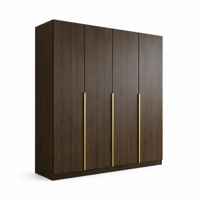Produktbild von Kleiderschrank LIZA 197 x 215 x 58,1, 3-türig, Nuss Okapi mit goldenen Griffen, Kleiderstange und großzügigem Stauraum, KI-generiertes Bild