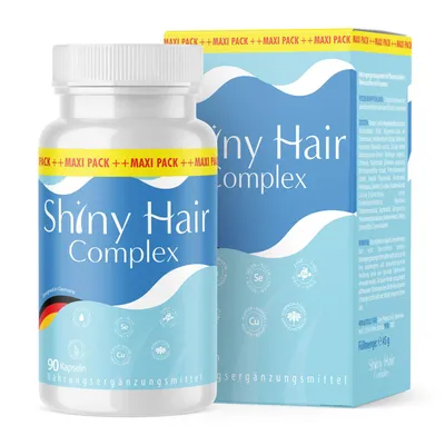 A bottle of Shiny Hair Complex capsules and its packaging are shown against a white background.