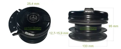 Two views of a black electromagnetic clutch with dimensions indicated.