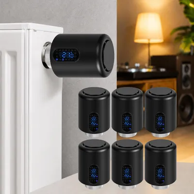 Obrázek produktu pro Chytrý termostat pro radiátory Eikuavons, WiFi, ovládání přes aplikaci, kompatibilní s platformami Smart Life/Tuya, černý, sada 6 kusů, včetně 7 adaptérů pro ventily