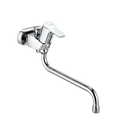 A chrome-finished faucet with a long, swiveling spout is shown against a white background.