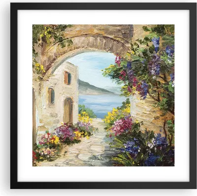 Produktbild von Gerahmtes Poster - Schwarzer Rahmen - Haus Santorini Blumen - 40x40 cm - Wand Bild - Wanddeko - Wandbilder - Kunstposter - Wandposter - Bilderrahmen - Bilder - Kunstdruck - Wandbild - P2BAC40x40-4191