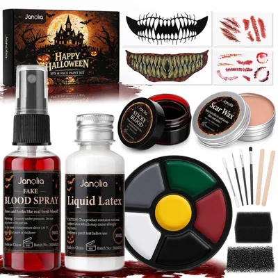 Obrázok produktu pre Sada na líčenie na Halloween, obsahujúca: farby na tvár, umelú krv, vosk na vytvorenie jaziev, tekutý latex, sada na líčenie pre cosplay