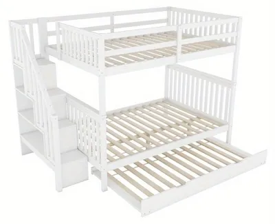 Obrázek produktu pro Postel s horním lůžkem 140x200 cm – Patrová postel – Dětská postel s úložným lůžkem – Schůdky a úložné police – Bílá