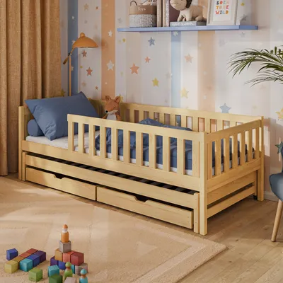 Produktbild von Kinderbett mit Ausziehbett und zwei Schubladen, Rausfallschutz und Lattenrost, Kinder Bett | weitere Größen: 80x160, 80x180, 90x200cm | 90x190cm: von 4. bis 13. Lebensjahr, Natur