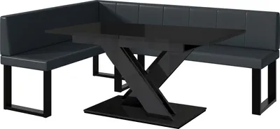 Produktbild von MEBLINI Eckbank für Esszimmer mit ausziehbarem Tisch - Küchenbank - Essecke - Sitzecke Küche - PETER - U-Beine 142x196x87cm Links - Dunkelgrau Kunstleder/B Schwarz Hochgl.