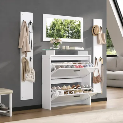 Image de Merax Ensemble de vestiaires 4 pièces avec miroir et armoire à chaussures, vestiaire compact avec 8 patères, 2 tablettes pour chapeaux et façade haute brillance, 89,5x23x96,5cm, blanc