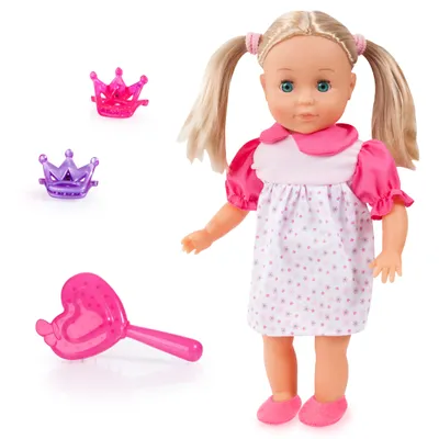 Produktbild von Bayer Design 93335BL Interaktive Puppe mit Haaren, lacht, Küsschengeräusch, weicher Körper, Haarzubehör, 33 cm
