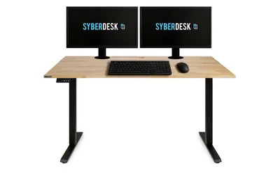 A standing desk with two monitors, a keyboard, and a mouse.