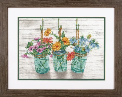 Imagen del producto de Kit de bordado a punto de cruz "Blühende Gläser", con esquema de puntos, dimensiones: 35,5 x 25,4 cm