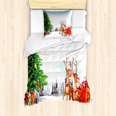 Produktbild von ABAKUHAUS Weihnachtsmann Mantele, Snowy Dorf Sleigh Baum, Milbensicher Allergiker geeignet mit Kissenbezügen, 135 cm x 200 cm - 80 x 80 cm, Mehrfarbig