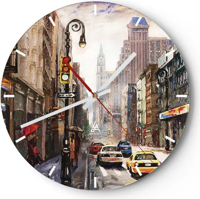 Produktbild von Wanduhr - Rund - Glasuhr - New York Aquarell - 30x30cm - Schleichendes Uhrwerk - Lautlos - zum Aufhängen bereit - Dekoration Modern - Wanddekoration aus Glas - C3AR30x30-4590